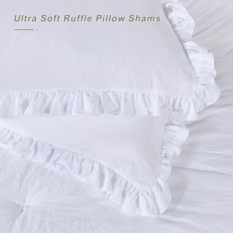 QSH Queen's House Ruffled Pillow Shams King White Shabby Set of 2 Farmhouse Pillowcases French Country Vintage Frilly Pillow Cover Polyester 20x36 - Image 5